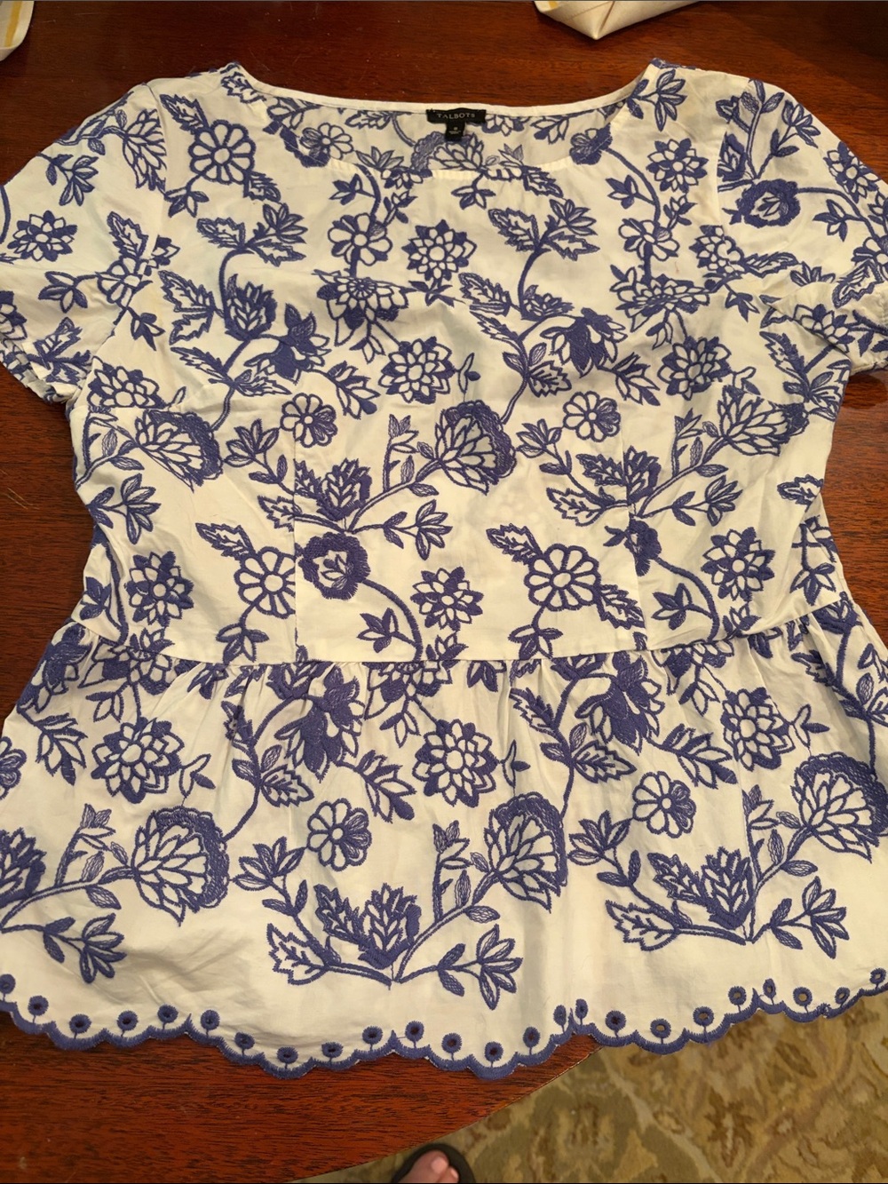 Talbots White Tunic Top with Blue Floral Embroidery